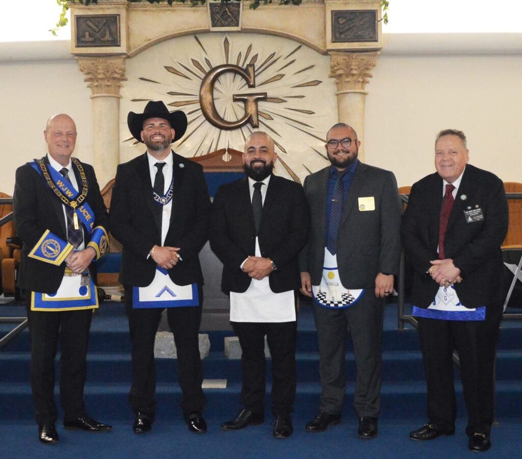 L to R Bro Derek A. Robertson, RWM Bro. Alexis Roca, Latest EA Bro. William Lara, Bro Fernando Pavon and District Photographer Bro. Kerry (Dino) Davids.