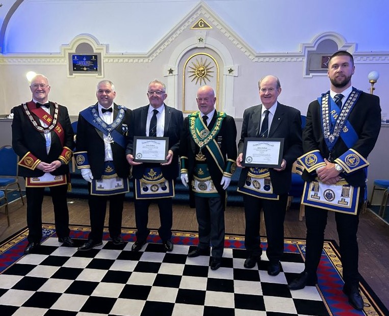 PGLS Bro. Stuart Stirling with the Mckay brothers, their RWM Bro. Ross Hardie and Conferring Master RWM Bro. Joe Scott of No. 199