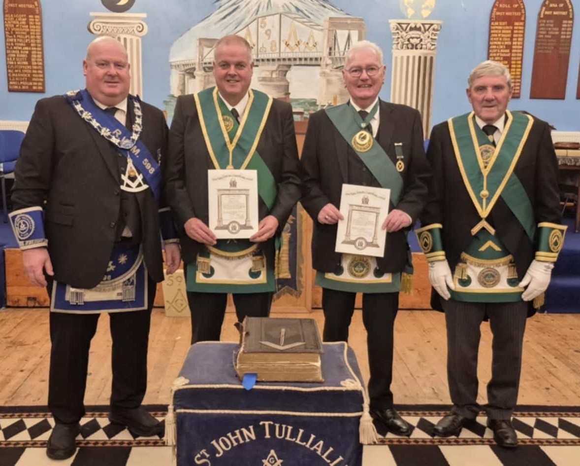 Bro. Michael Empson and Ronnie Hay with their Honorary Membership certificates flanked by RWM of No. 598 Bro. John Cowan PM and Bro. Reg Weston, Substitute Provincial Grand Master