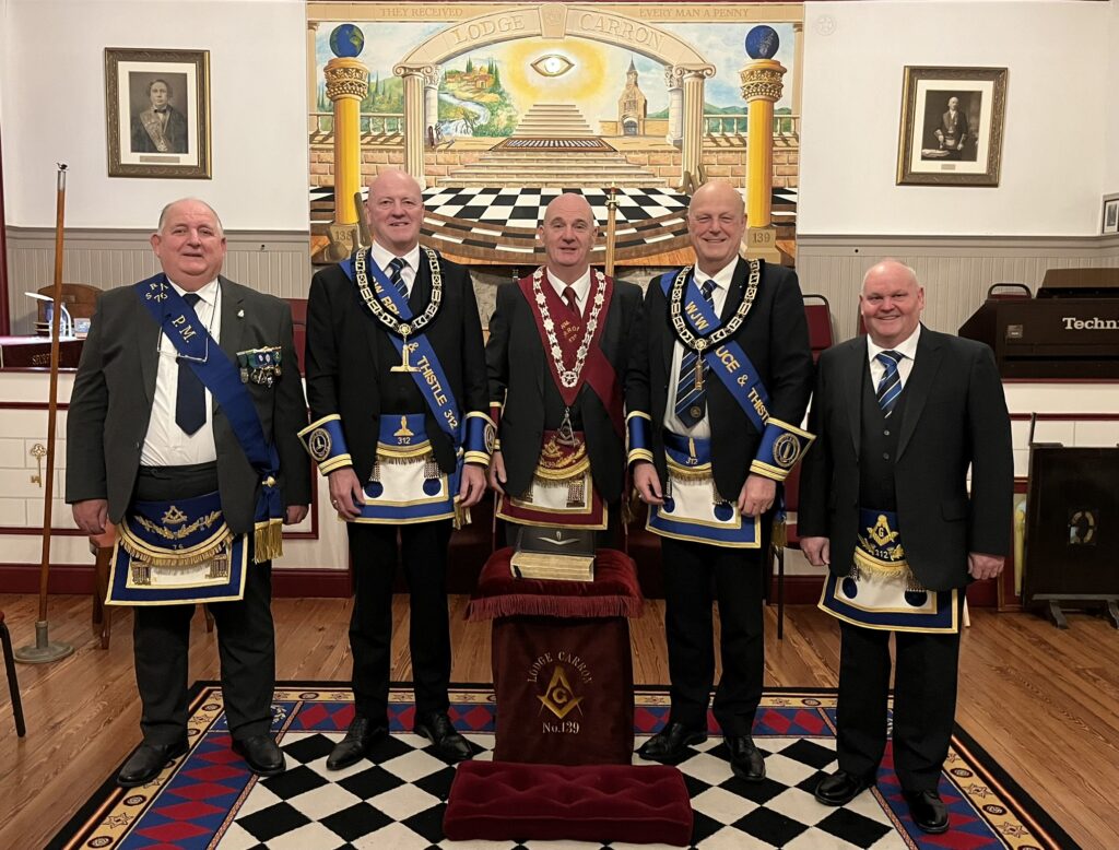 Bro. Barry Bryce PM HM, Snr Warden Bro. Kenneth R. Shaw, RWM Bro. James McAulay PM, Jnr Warden Bro. Derek A. Robertson and Bro. David Greer