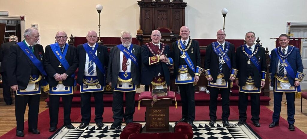 RWM Bro. Kenneth R. Shaw with RWM Bro. Brian Aitken of Lodge Clackmannan No. 1303 and attending Past Masters